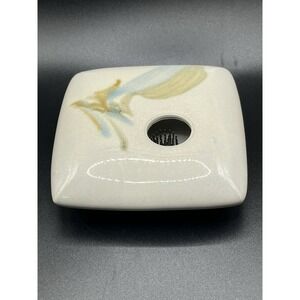 Square‎ Ikebana Vase with Flower Frog Studio Pottery Signed Black Green 5"